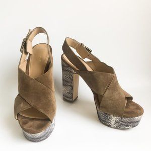 MICHAEL KORS Snakeprint Mariana Suede Platform Block Heels | Size 6.5